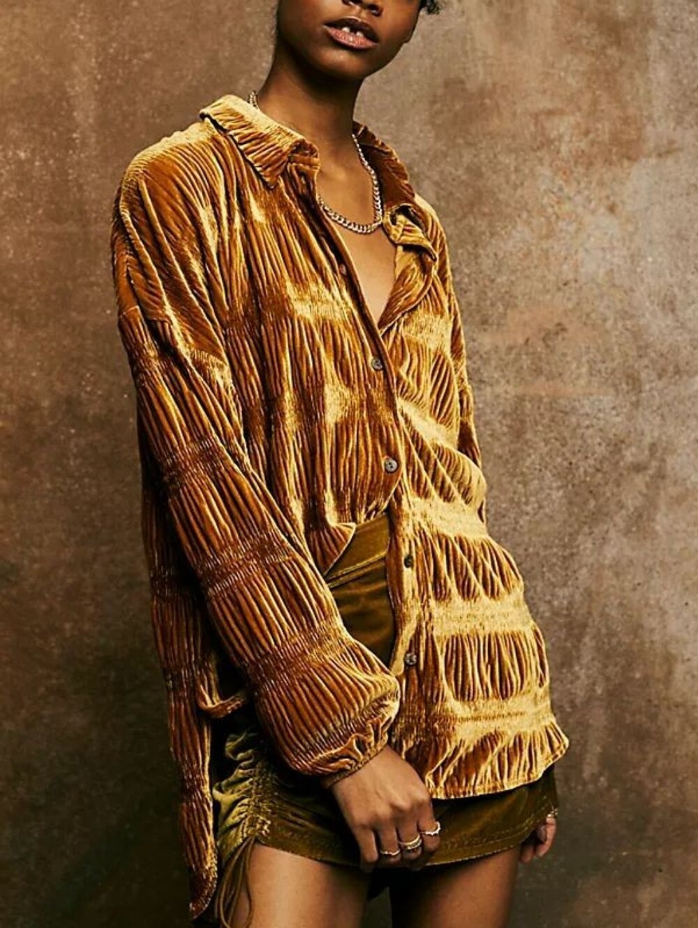 Free People My Best Top Velvet Oversized Smocked Blouse in Spiced Golden Ginger